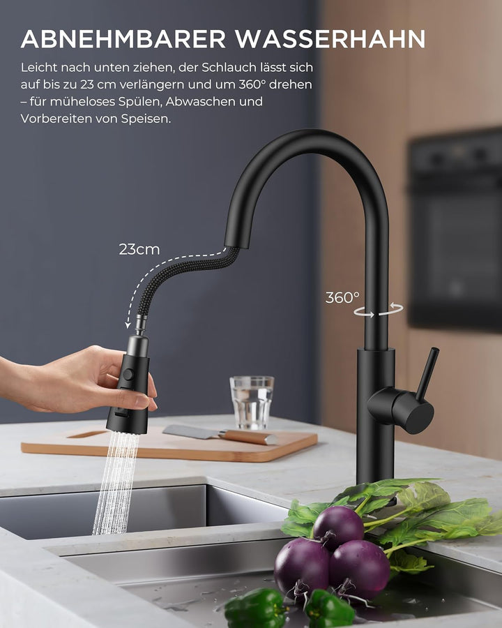 FORIOUS Wasserhahn Küche Schwarz, Küchenarmatur Ausziehbar, Zwei Sprühfunktione, 360° Schwenkbar Ede