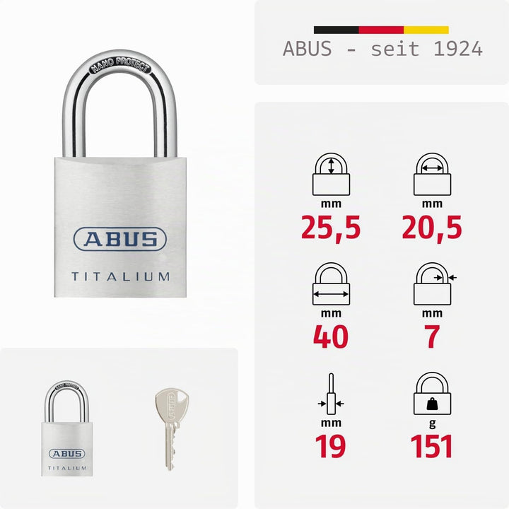 ABUS Titalium Vorhängeschloss 80TI/40 gl.-8011 - gleichschliessend - Kellerschloss mit leichtem, mas
