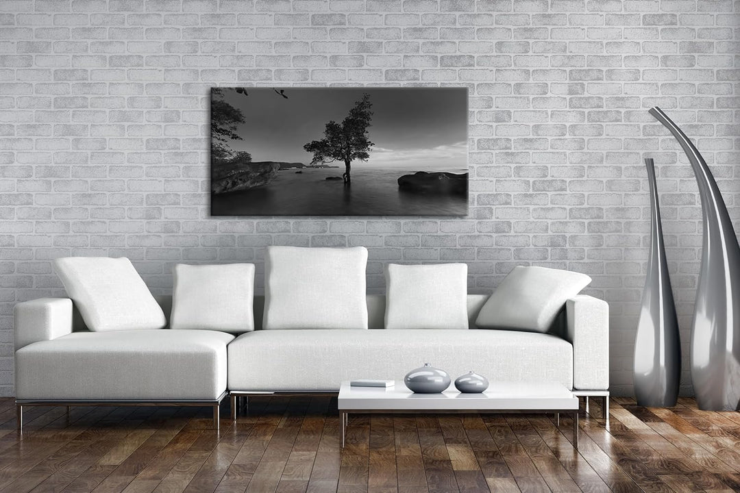 Abenddämmerung am Meer Panorama 80x40 cm Effekt: Schwarz/Weiss als Leinwandbild, Motiv fertig gerahm