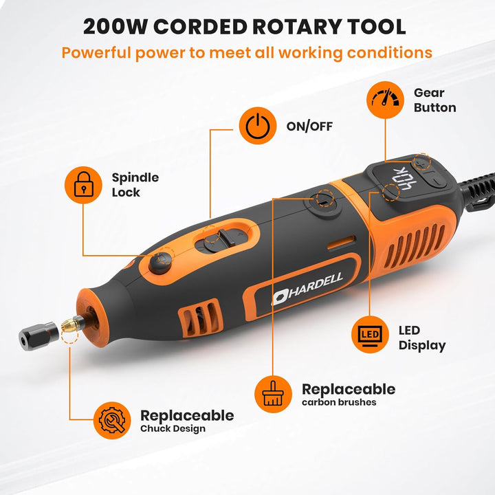 200W Corded Rotary Tool Kit with Fine Speed Control & Flex Shaft 8000-40000 RPM Digital Display, 155