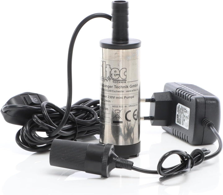 Wiltec Mini Pumpe 12 l/min 8700 U/min 12 V, 16 mm Auslass, Tauchpumpe für Wasser und Dieselöl, zum A