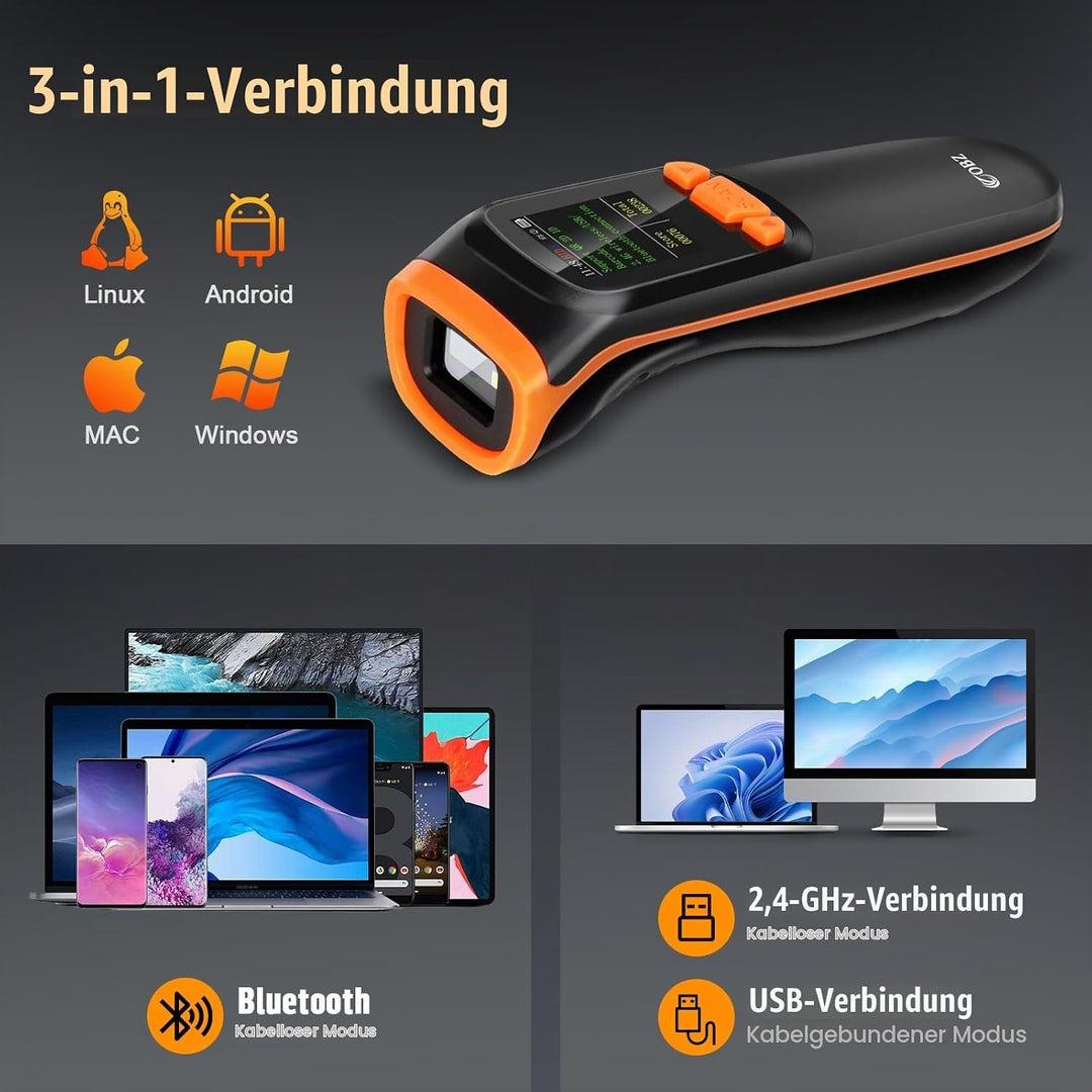 OBZ Barcode Scanner Kabellos mit Display, 1D 2D QR Code Scanner Bluetooth/USB/2.4G Wireless, Tragbar