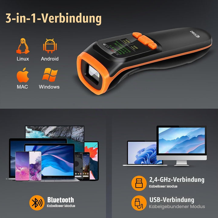 OBZ Barcode Scanner Kabellos mit Display, 1D 2D QR Code Scanner Bluetooth/USB/2.4G Wireless, Tragbar
