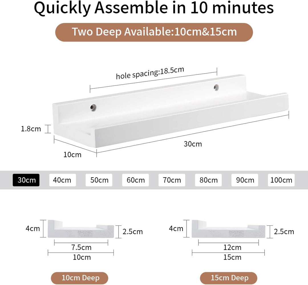 Gieanoo Wandregal Weiss, 30CM Bilderleiste Weiss massives Eichenholz Regal weiss Schweberegal für Fo