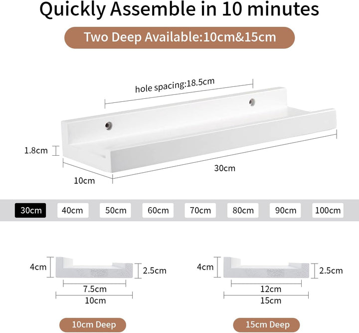 Gieanoo Wandregal Weiss, 2er Set, 30CM Massives Eichenholz Schweberegale Bilderleiste Weiss Regalbre