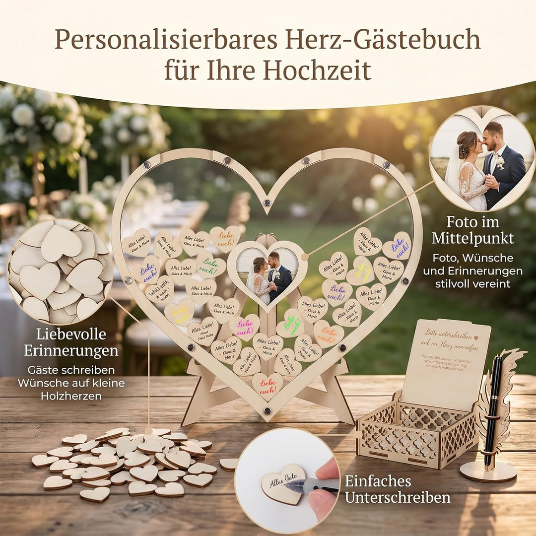 Gästebuch Hochzeit Holz, Herzform Hochzeitsgästebuch mit 100 Holzherzen, Fotorahmen &amp; Aufbewahrungsb