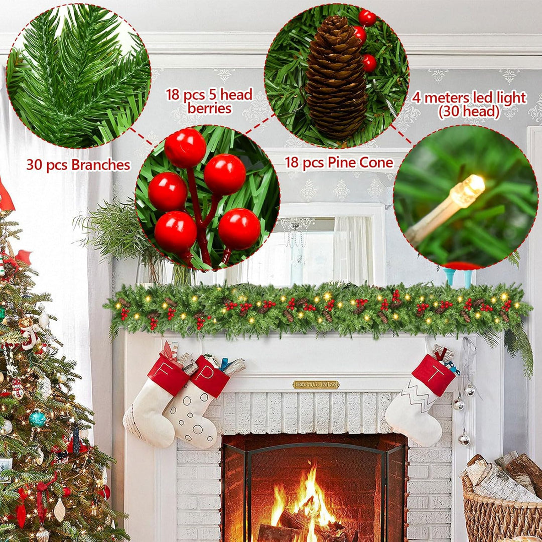 Tannengirlande mit Beleuchtung - 270cm Weihnachtsgirlande mit Beleuchtung 4m 30pcs Warmen LED Lichte