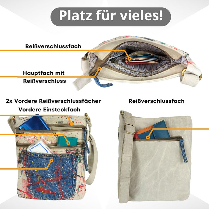 Sunsa Damen Umhängetasche. Vegane Crossover Tasche aus Leinwand. Vintage Stil Crossbody Bag mit viel