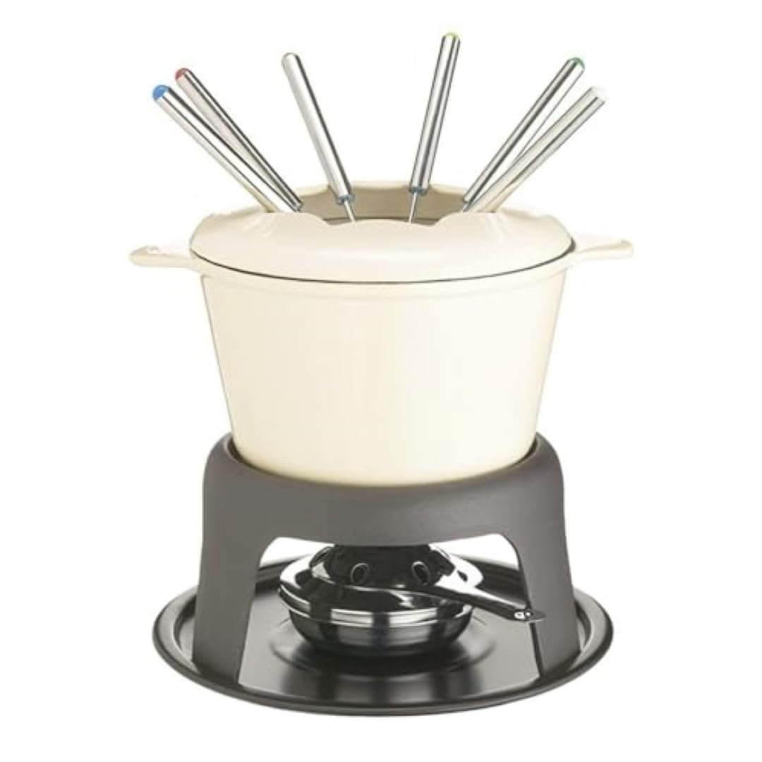 MasterClass Fleisch-/Käse-/Schokoladen-Fondue-Set aus Gusseisen, mit Sechs Edelstahlgabeln, 21 x 18