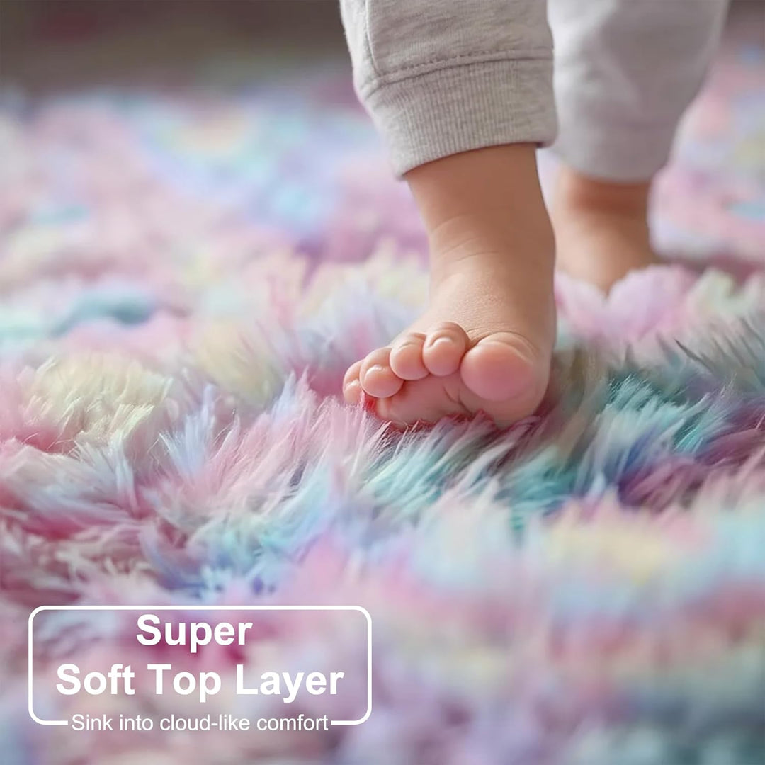Flauschige Regenbogen-Teppiche für Mädchenzimmer, Einhorn-Zimmerdekoration, Pastell-Teppich für Kind