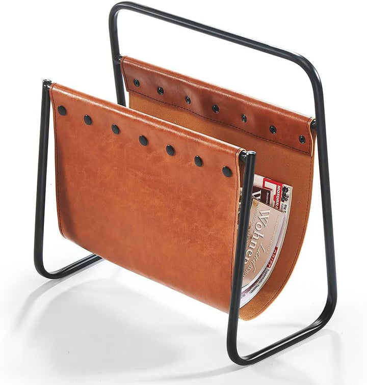 Kobolo Zeitungsständer Zeitungshalter aus braunem Leder und Metall 39x21x40 cm, 39x21x40 cm