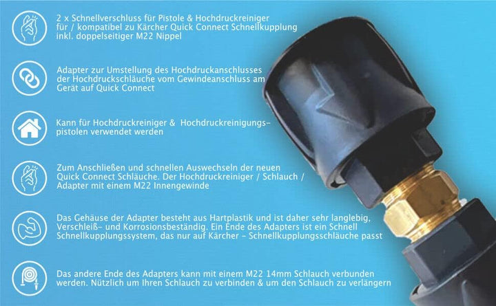 2x Adapter-Set für Hochdruckreiniger, passend für Quick Connect Anschlüsse – M22 Aussengewinde & Kun