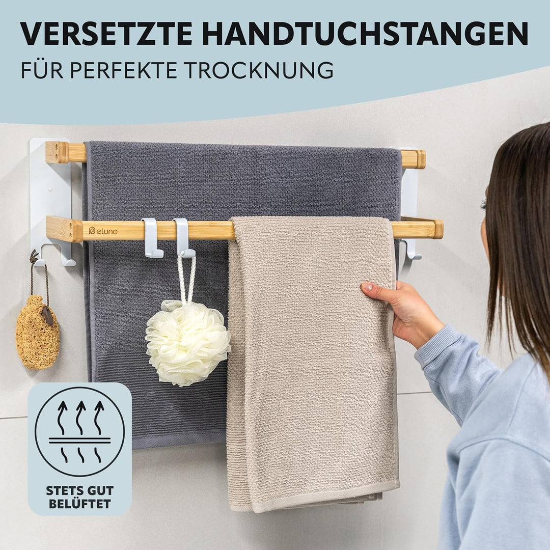eluno Handtuchhalter 60 cm mit 2 Handtuchstangen und 6 praktischen Haken - mit hochwertigem Klebeban