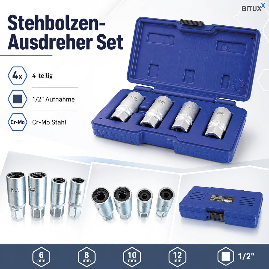 Bituxx 4 tlg. Stehbolzenausdreher Ausdreh Satz 1/2" Set 6-12mm