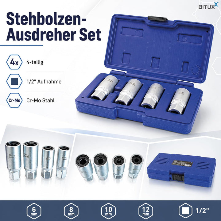 Bituxx 4 tlg. Stehbolzenausdreher Ausdreh Satz 1/2" Set 6-12mm