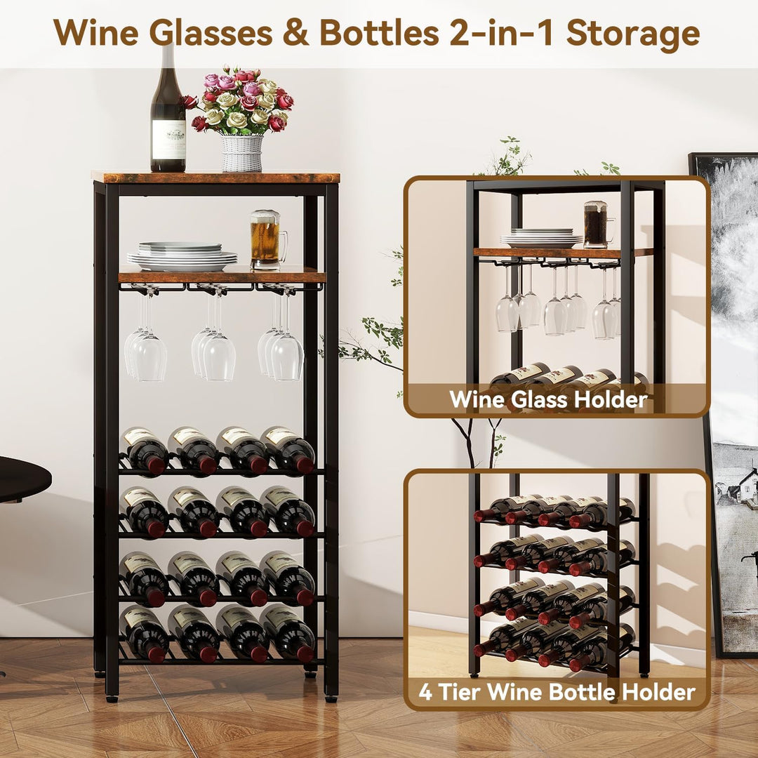 IBUYKE Weinregal für 16 Flaschen,Freistehendes Weinregal Metall mit Glashalter,Weinschrank Display,M