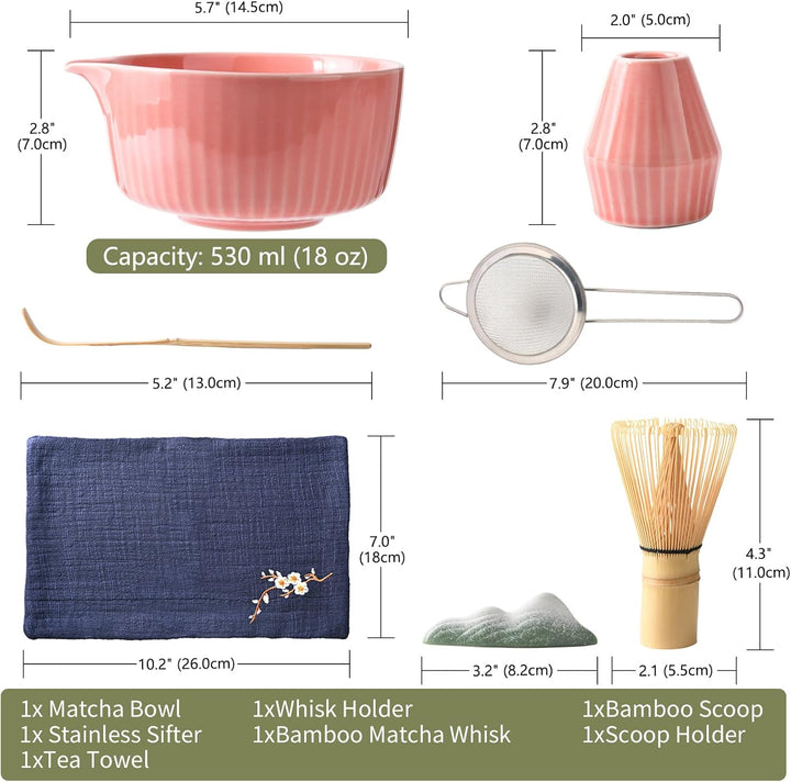 Matcha Set Premium 7-teilig Keramik: Matcha Schale, Bambus Besen (Chasen),Teebesenbasis，Teelöffel, S