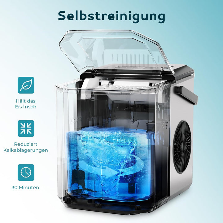 EUHOMY Eiswürfelmaschine, 9 Würfel in 6 Min, Bullet-Eismaschine, 2 Würfelgrössen, Edelstahl-Eismasch