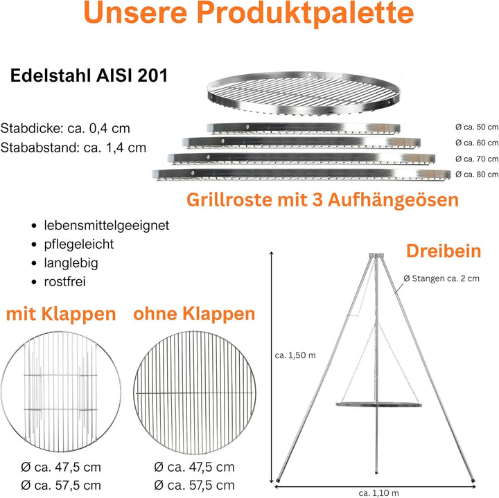 Brandsseller Edelstahl Grillrost Ø 60 cm Schwenkgrill geeignet AISI 201 rostfrei runder BBQ-Rost leb