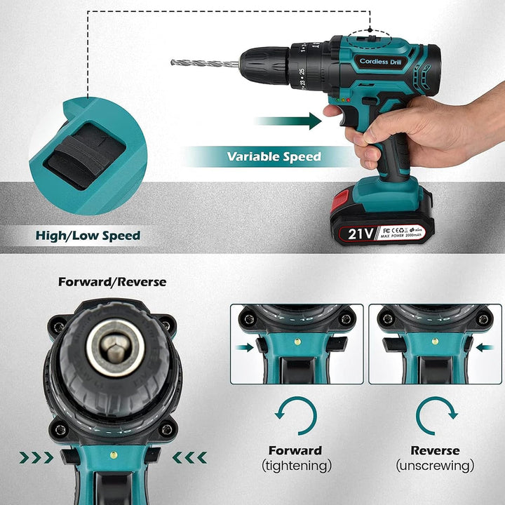 Akku Bohrschrauber Set 21V: Akkubohrer mit 2 Akkus 2000mAh,42Nm Max Drill Set 25+3 Paar, 24 Stück Bo