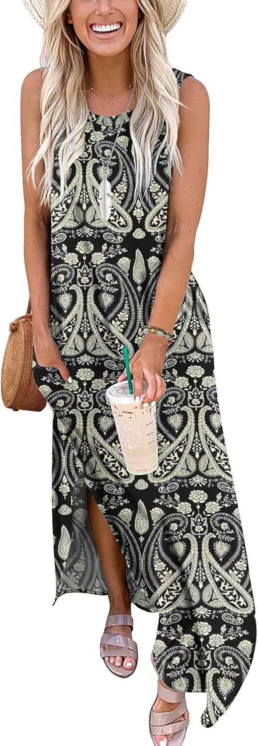 AUSELILY Maxikleider Damen Sommer Ärmellos Strandkleid Lang Sommer-Kleider Tank T-Shirt Kleid mit Ta