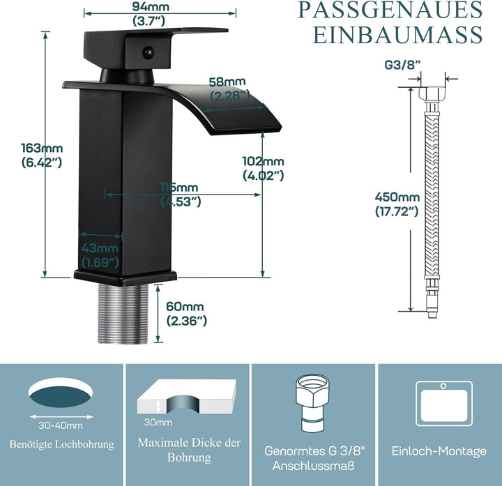 Schwarzer Wasserfall Wasserhahn, Matt Schwarz Waschtischarmatur für Badezimmer, Einhebelmischer Warm