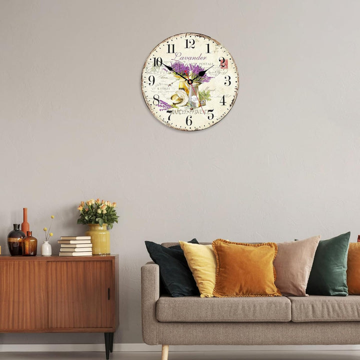 TAHEAT 30 cm Lila Lavendel Blume Wanduhr, Holz Rustikale Vintage Uhren, Leise Ohne Tickgeräusche Lan