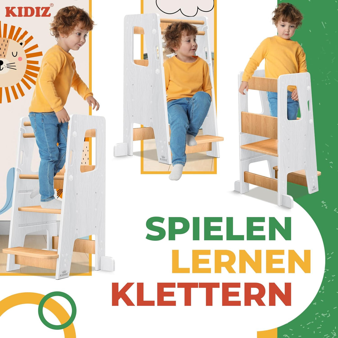 KIDIZ® Lernturm für Kinder ab 1 Jahr inkl. Lernuhr | 3-stufig Höhenverstellbarer Tritthocker aus Kie