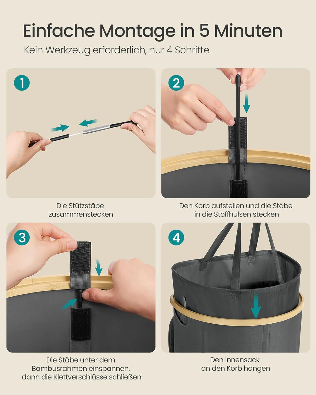 SONGMICS Wäschekorb, Wäschesammler, 90 Liter, Wäschetonne mit Deckel, Wäschesack herausnehmbar, für