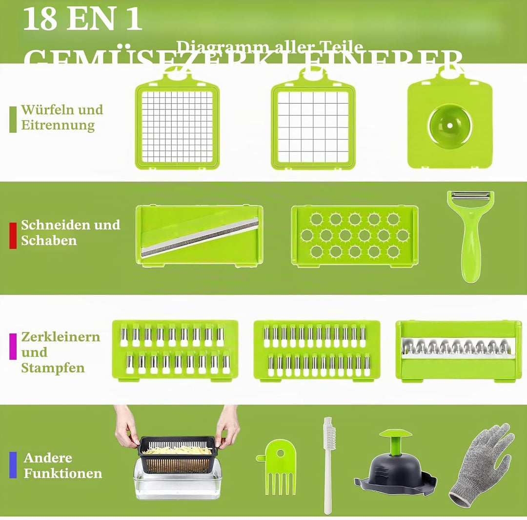 Sweetfela 18-in-1 Gemüseschneider, Multifunktion, Zerkleinerer mit 7 Klingen, Fäustlinge, Reinigungs