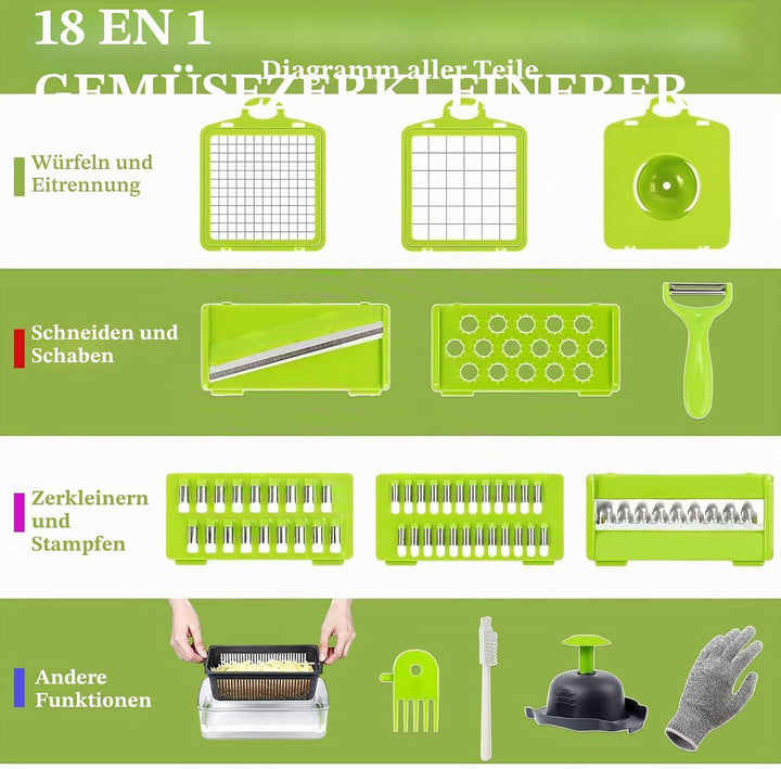 Sweetfela 18-in-1 Gemüseschneider, Multifunktion, Zerkleinerer mit 7 Klingen, Fäustlinge, Reinigungs