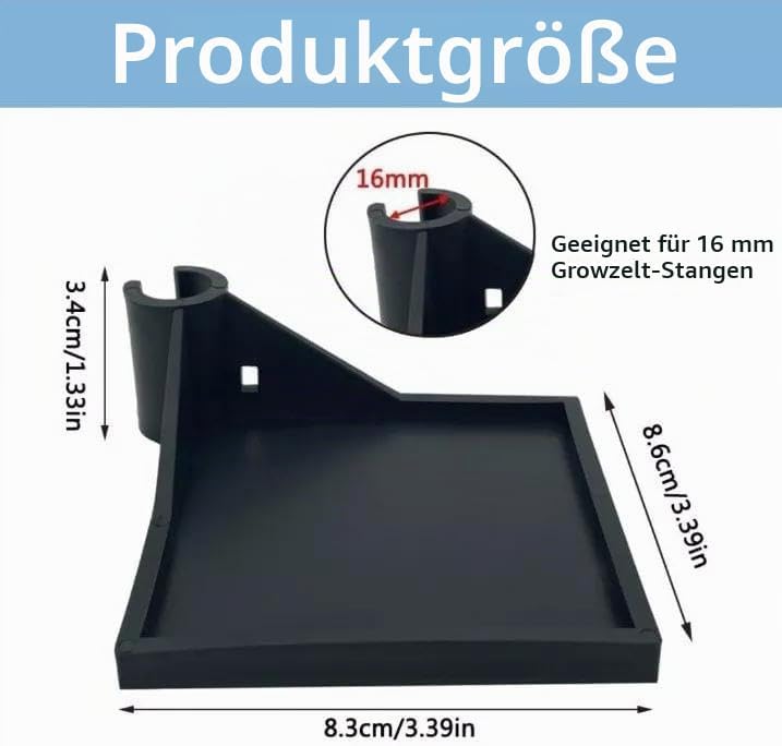 Growzelt Eckregal, Regale für das Hygrometer, Kamera & Pflanzzubehör, 16mm Stangen (4, Schwarz) 4 Sc