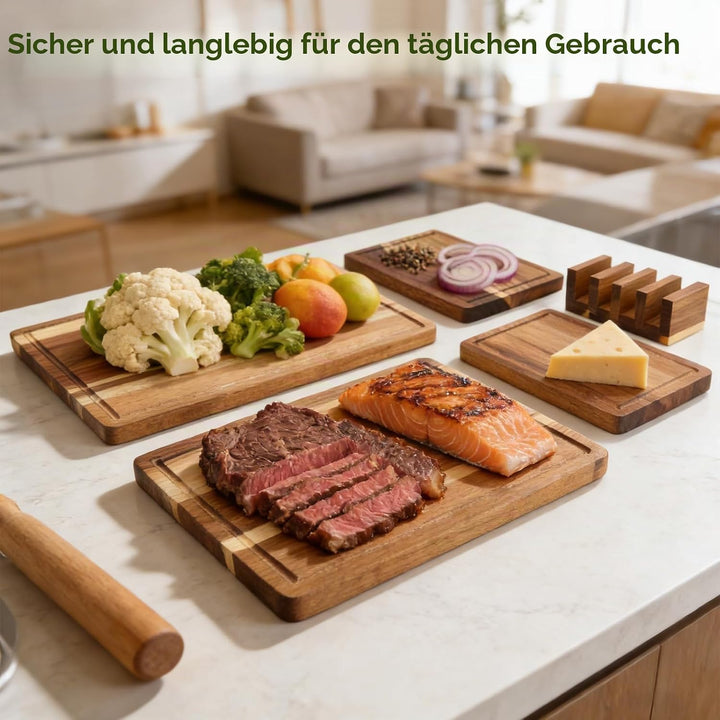 Schneidebrett Holz 4er Set aus massiver Akazie – Holzschneidebrett gross 40x30 cm / 33x24 / 26x18/21