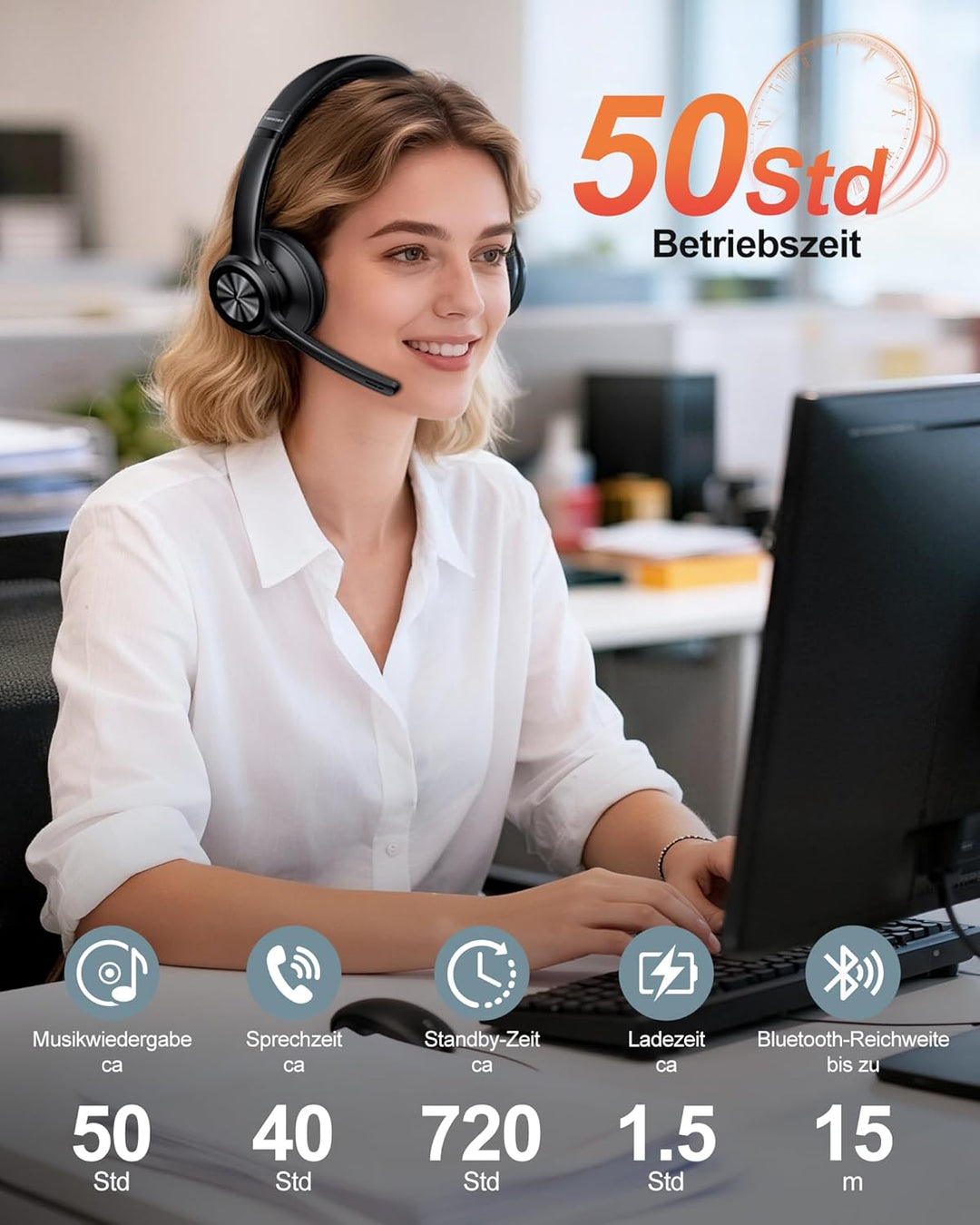 TechRise V5.2 Bluetooth Headset mit Mikrofon, Wireless Headset mit Noise Cancelling und Stummschaltu