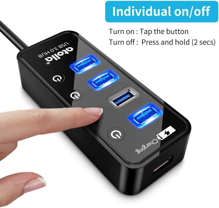 Atolla USB 3.0 Hub mit Strom versorgt, USB Hub mit 4 Ports Steckdosenleiste mit individuellen EIN-/A