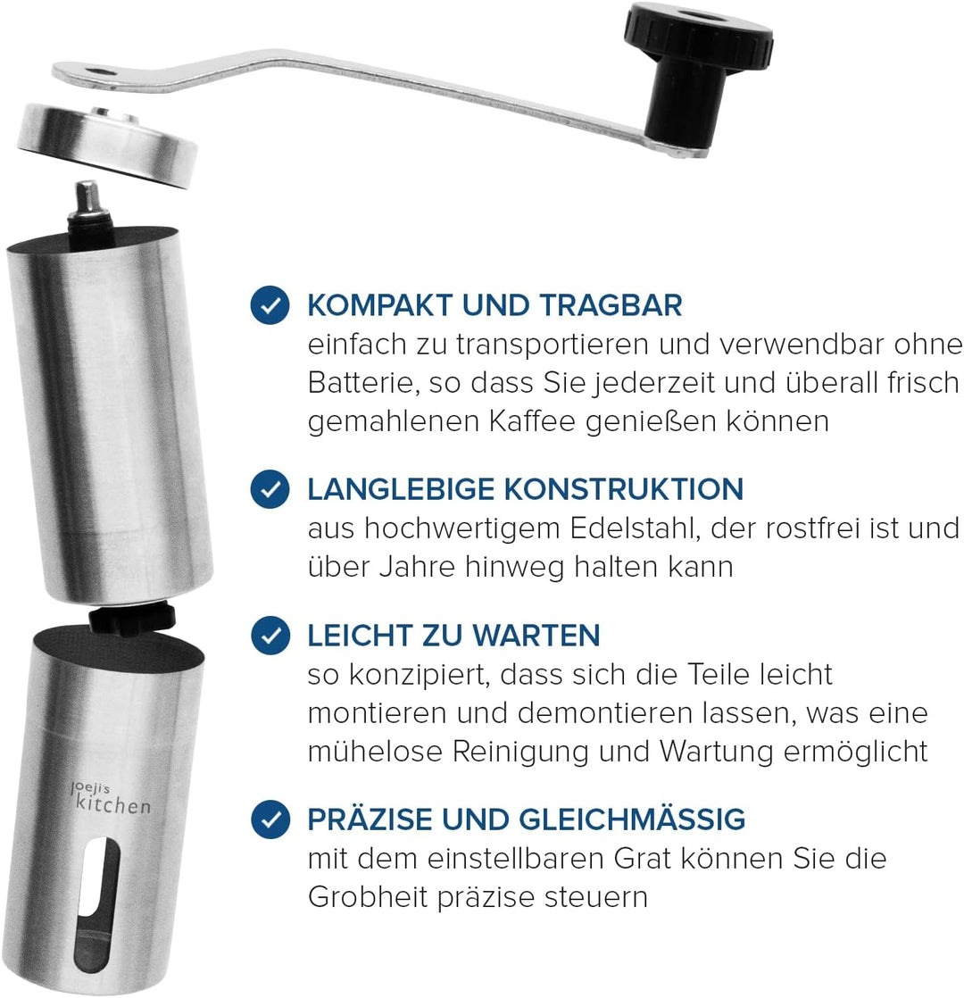 Joeji's Kitchen Kaffeemühle manuell mit Keramikmahlwerk - Tragbar Hand Espressomühle Edelstahl mit S