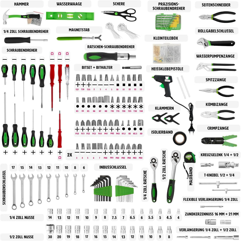tectake Werkzeugkoffer, Werkzeugset, Werkzeugkoffer gefüllt 1200-teilig, Werkzeugtrolley, Werkzeugki