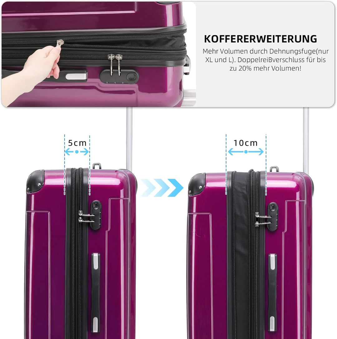BEIBYE Hartschalen Koffer Trolley Rollkoffer Reisekoffer 4 Zwillingsrollen Polycabonat (Lila, Koffer