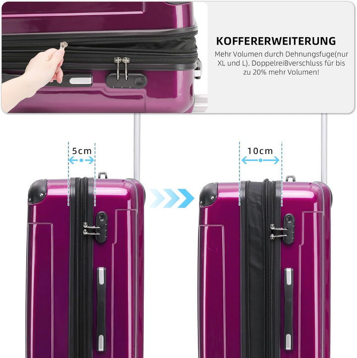 BEIBYE Hartschalen Koffer Trolley Rollkoffer Reisekoffer 4 Zwillingsrollen Polycabonat (Lila, Koffer