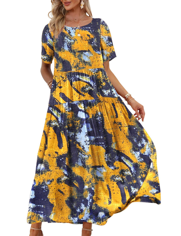 YESNO Damen Kleider Freizeit Lose Sommerkleid Lang Boho Maxikleid für Rundhals Strandkleid Blumenkle