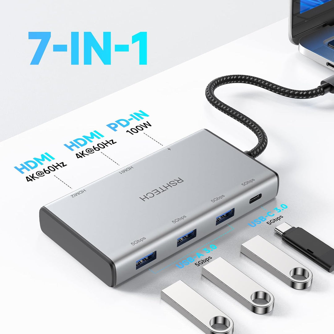 RSHTECH 7-in-1 Dockingstation Laptop 2 Monitore 4k@60Hz - USB C Docking Station Dual HDMI - 100W PD,