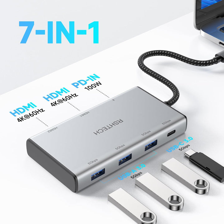 RSHTECH 7-in-1 Dockingstation Laptop 2 Monitore 4k@60Hz - USB C Docking Station Dual HDMI - 100W PD,
