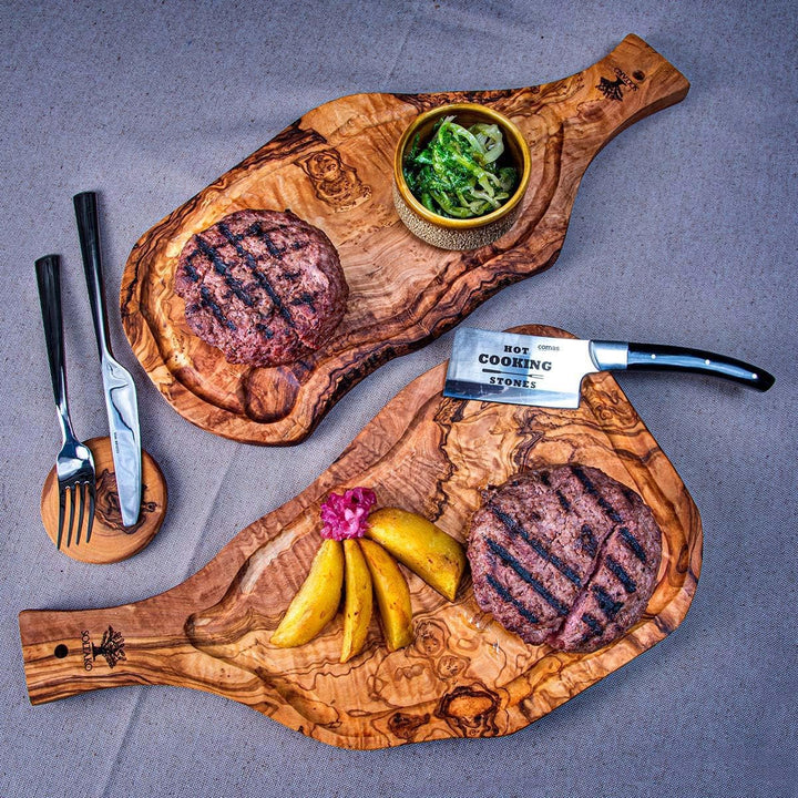 SOLTAKO Olivenholz Steakbrett mit Saftrille 2er Set 40cm "The Smokey BBQ" 40 x 18 cm, 40 x 18 cm