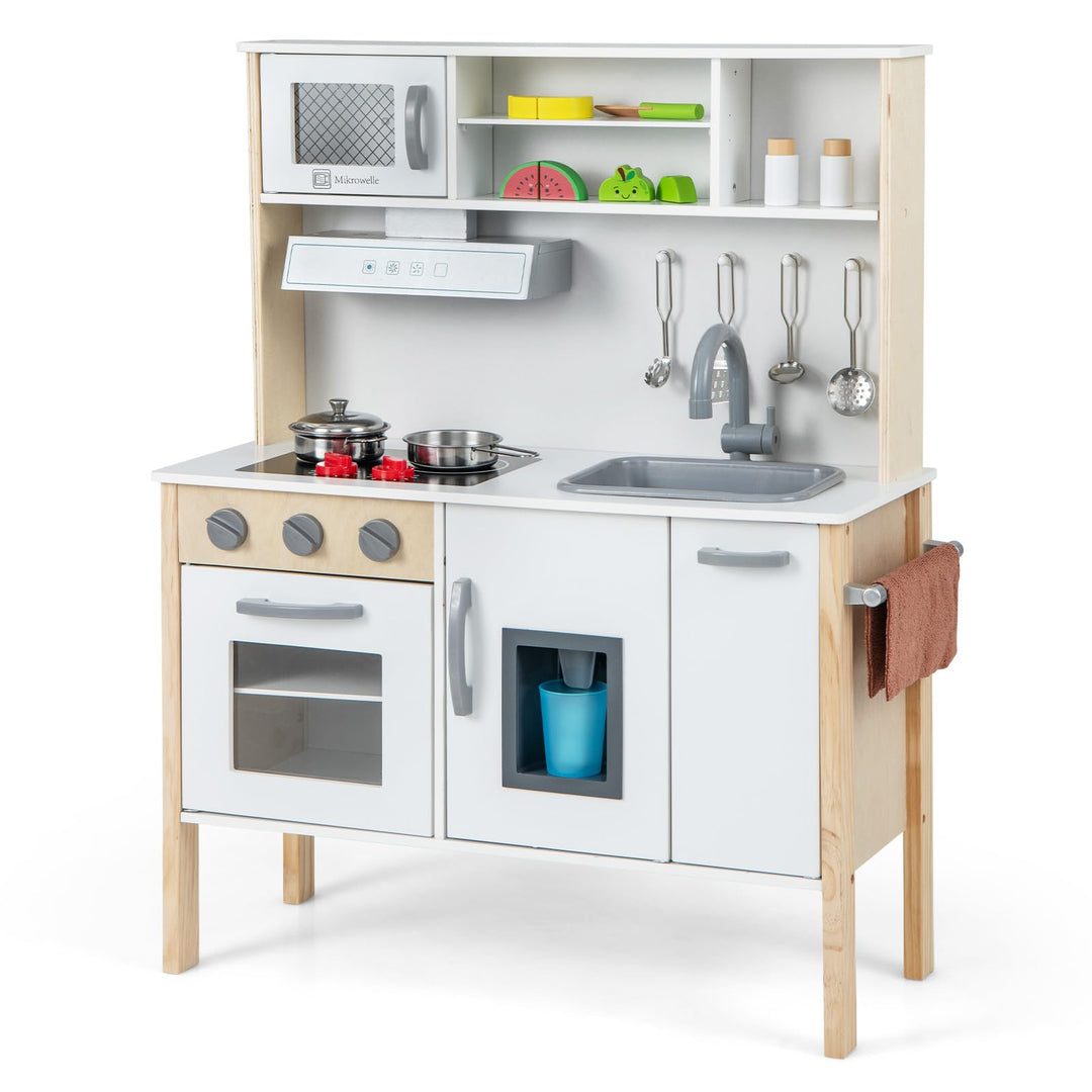 COSTWAY Kinderküche Spielküche inkl. 18 Zubehör, Kinder Küche Holz mit Spüle Mikrowelle Eismaschine