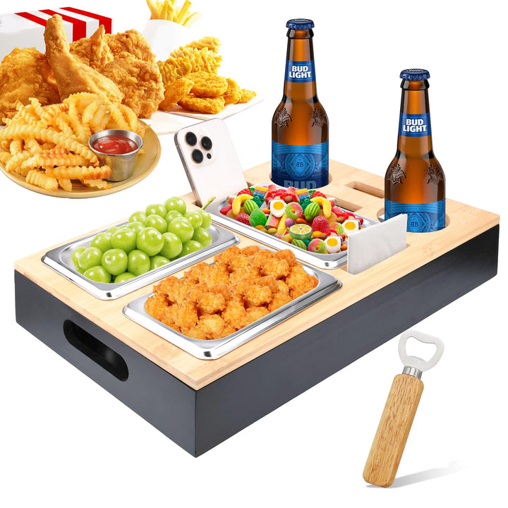 TEGOVE Couchbar Snackbox, Sofa Tablett,Mit Snackschalen Aus Edelstahl,mit Abnehmbarer Deckel, Couch