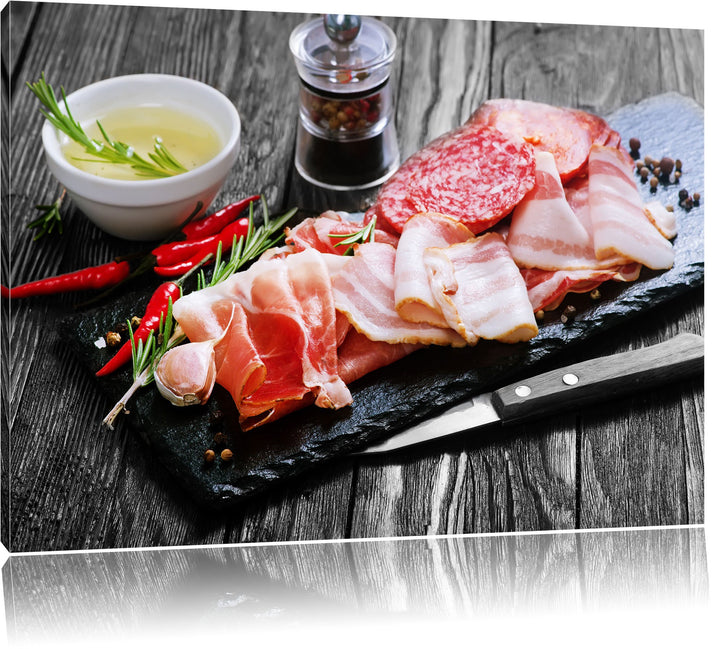 Pixxprint Antipasti Wurstsorten als Leinwandbild/Grösse: 100x70 / Wandbild/Kunstdruck/fertig bespann