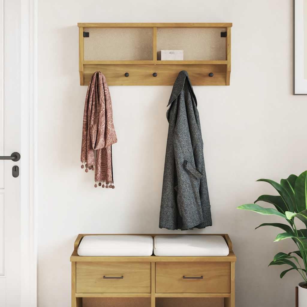 Hothingwell Wandgarderobe, massives Kiefernholz, 87 x 12 x 35 cm | Walnuss-Finish, Haken für Mäntel