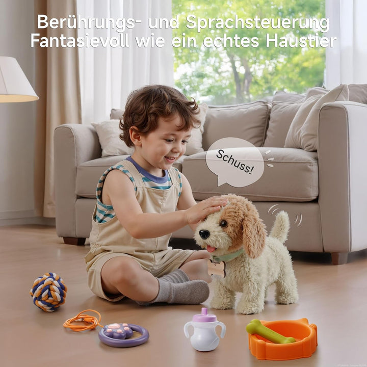 OR OR TU Spielzeug Hund der Läuft und Bellt, Realistisches Interaktives Hund Spielzeug Kinder Plüsch