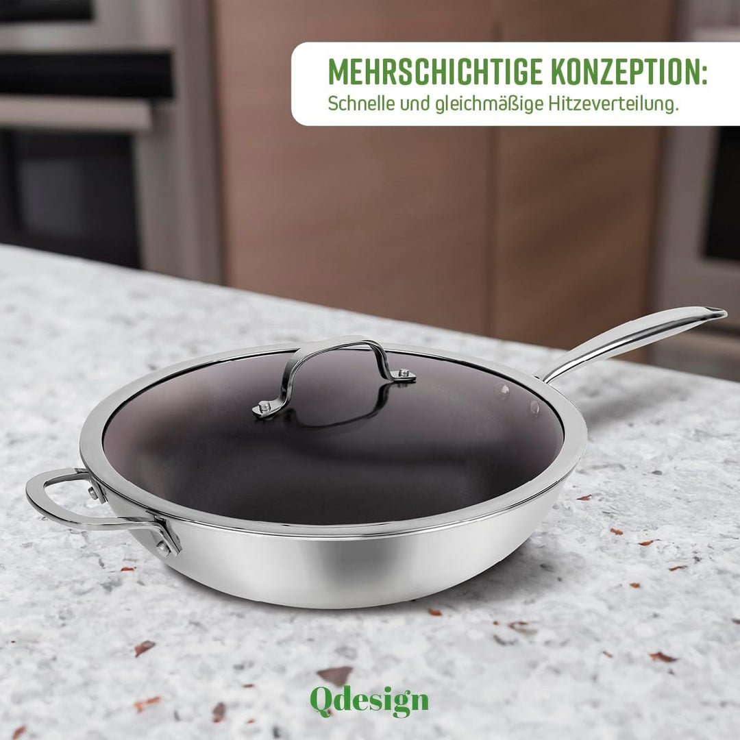 Qdesign - Dreischichtige Wok-Pfanne - Edelstahl mit Antihaftbeschichtung - Induktionsboden - Gesunde