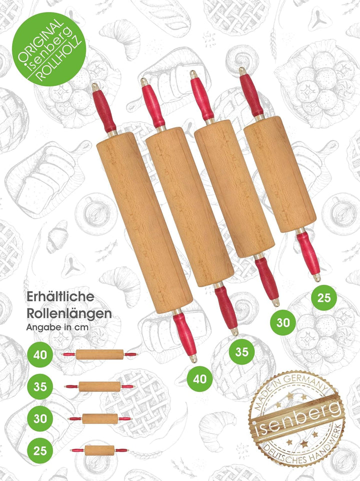 isenberg® Profi Rollholz - aus einem Stück Buchenholz - Kugelgelagert (25 cm) (Nudelholz, Teigrolle,